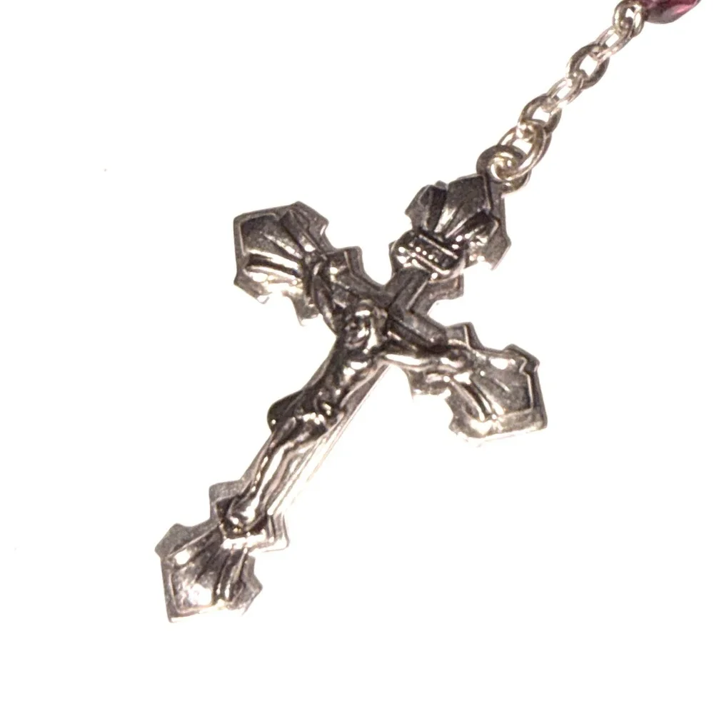 Purple Amethyst Faceted Glass Bead Rosary Silver Tone Crucifix Virgin Mary 18.5